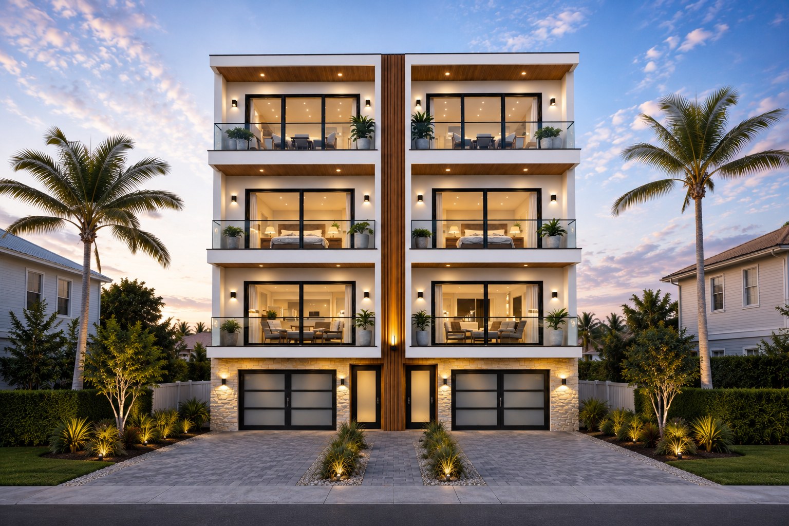 Front elevation of a new coastal duplex represented by Shore Property Group